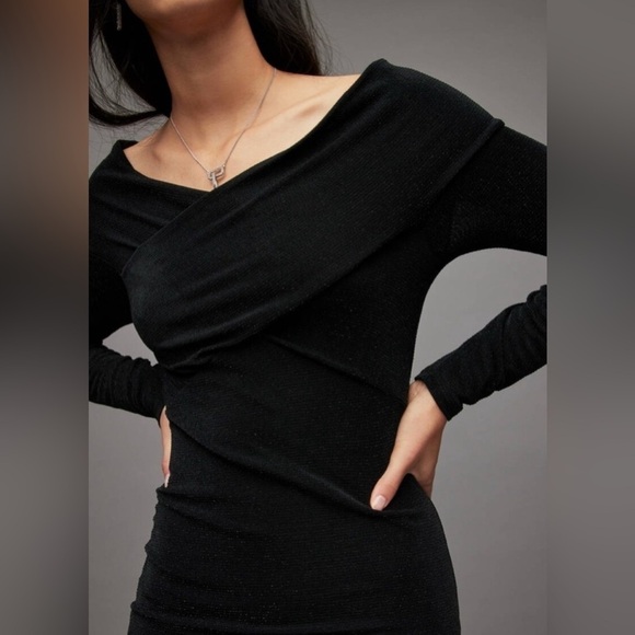 AllSaints Delta Shimmer Off the Shoulder Long Sleeve Midi Dress Black size 2 - Picture 3 of 10